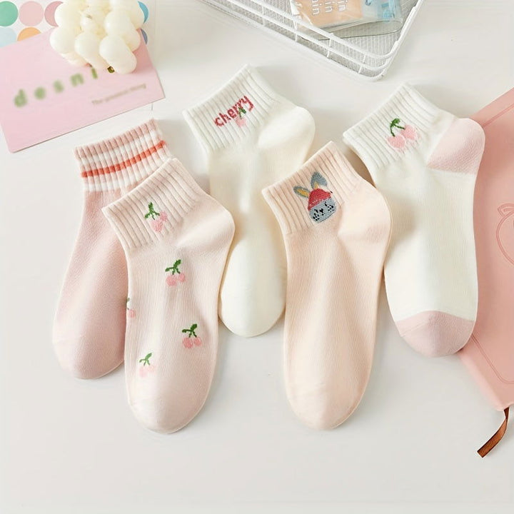 5 Pairs Pink Cartoon Style Fresh Cute Ankle Socks - SocksLtd