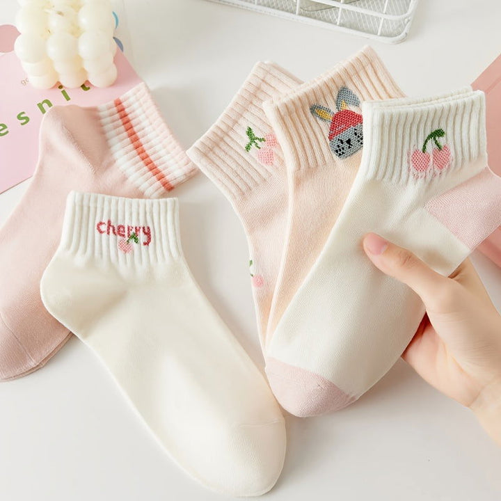 5 Pairs Pink Cartoon Style Fresh Cute Ankle Socks - SocksLtd