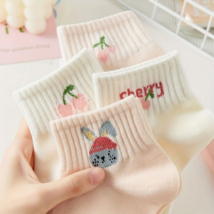 5 Pairs Pink Cartoon Style Fresh Cute Ankle Socks - SocksLtd