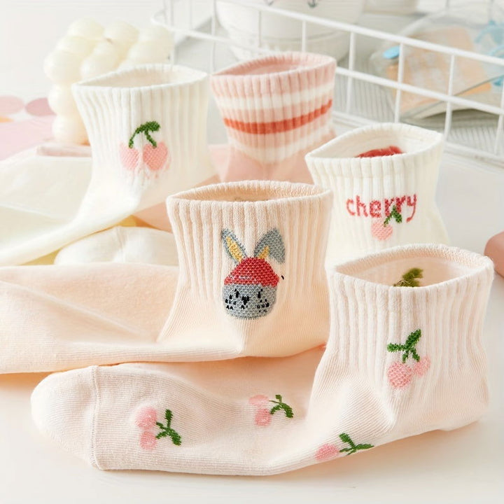5 Pairs Pink Cartoon Style Fresh Cute Ankle Socks - SocksLtd