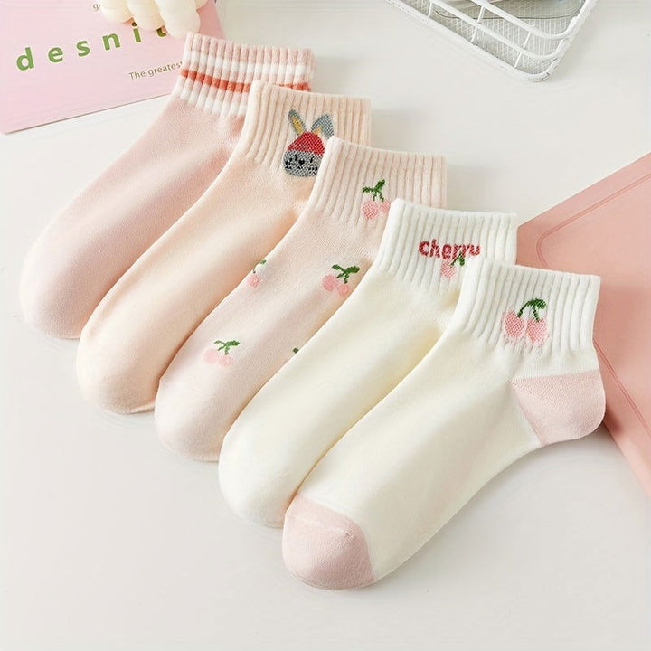 5 Pairs Pink Cartoon Style Fresh Cute Ankle Socks - SocksLtd