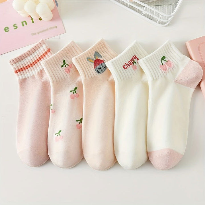 5 Pairs Pink Cartoon Style Fresh Cute Ankle Socks - SocksLtd