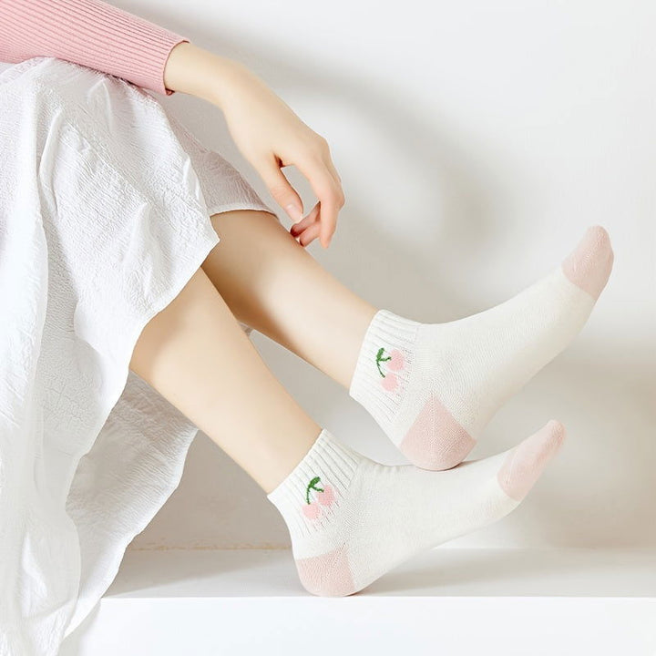 5 Pairs Pink Cartoon Style Fresh Cute Ankle Socks - SocksLtd