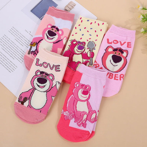 5 Pairs Pink cute little bear Ankle Socks - SocksLtd
