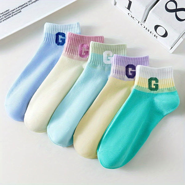 5 Pairs Round Letter Neck Regular Soft Ankle Socks - SocksLtd