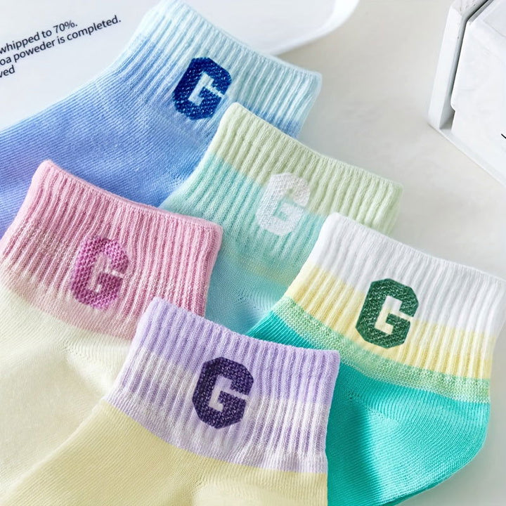 5 Pairs Round Letter Neck Regular Soft Ankle Socks - SocksLtd