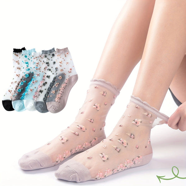 5 Pairs Sheer Floral Breathable Flower Crew Socks - SocksLtd