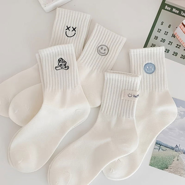 5 Pairs Smiling Face Absorbent Sweat Ins Fashion Crew Socks - SocksLtd