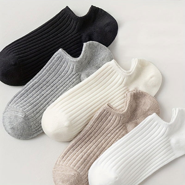 5 Pairs Solid Ribbed Comfy Simple Invisible Ankle Socks - SocksLtd