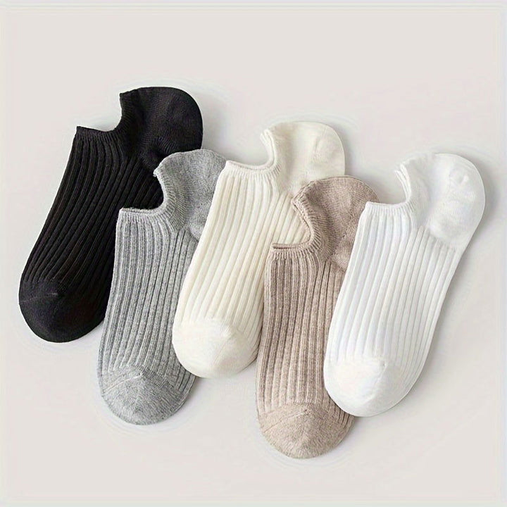 5 Pairs Solid Ribbed Comfy Simple Invisible Ankle Socks - SocksLtd