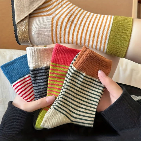 5 Pairs Striped Print Casual Comfy Crew Socks - SocksLtd