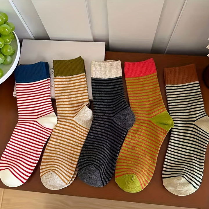 5 Pairs Striped Print Casual Comfy Crew Socks - SocksLtd