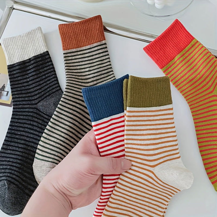 5 Pairs Striped Print Casual Comfy Crew Socks - SocksLtd
