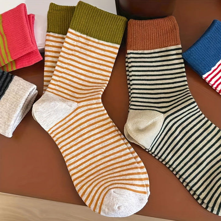 5 Pairs Striped Print Casual Comfy Crew Socks - SocksLtd