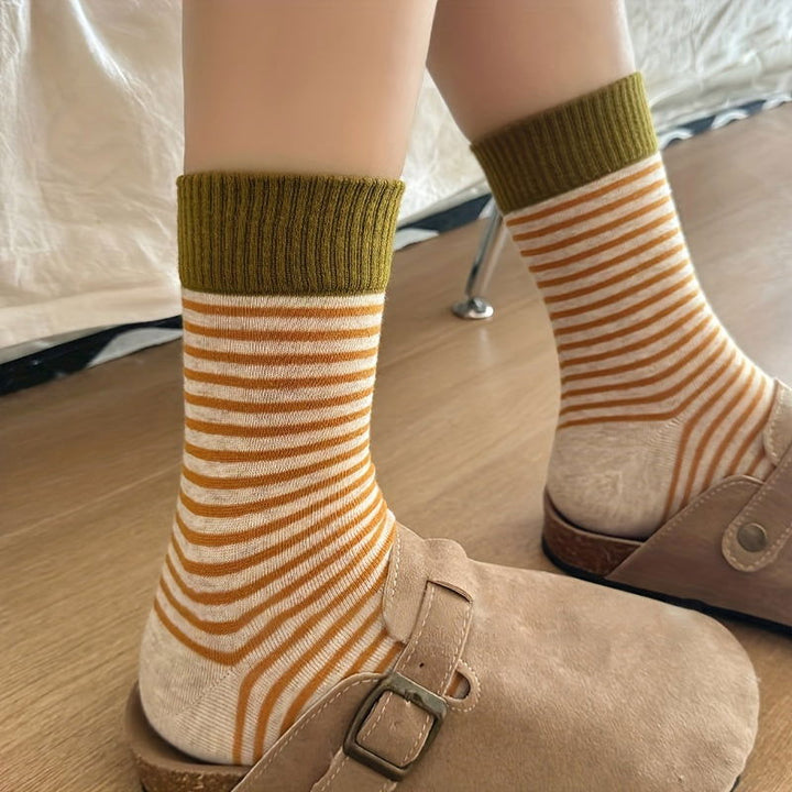 5 Pairs Striped Print Casual Comfy Crew Socks - SocksLtd