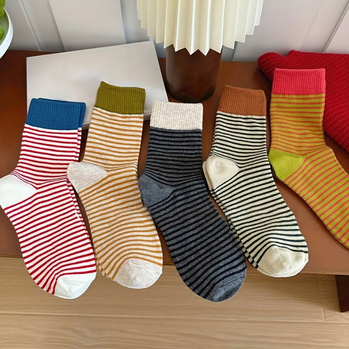 5 Pairs Striped Print Casual Comfy Crew Socks - SocksLtd