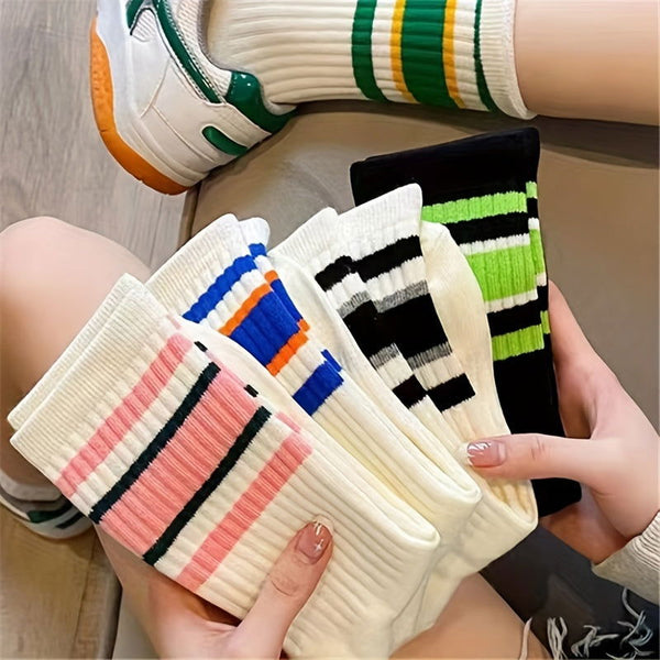 5 Pairs Striped Sports Breathable Mid Tube Crew Socks - SocksLtd
