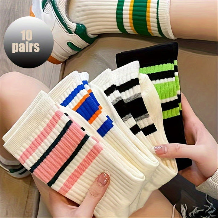 5 Pairs Striped Sports Breathable Mid Tube Crew Socks - SocksLtd