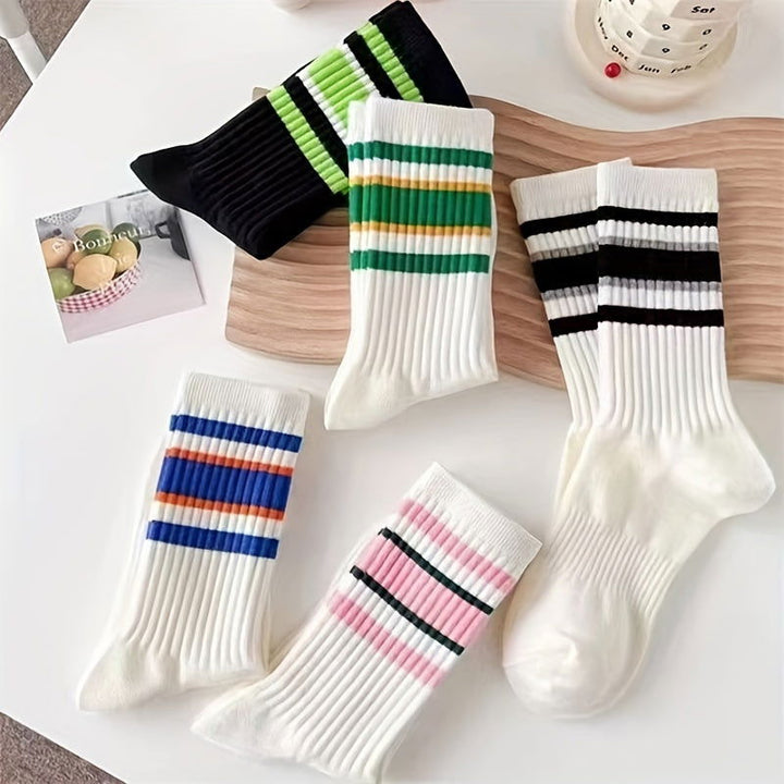 5 Pairs Striped Sports Breathable Mid Tube Crew Socks - SocksLtd