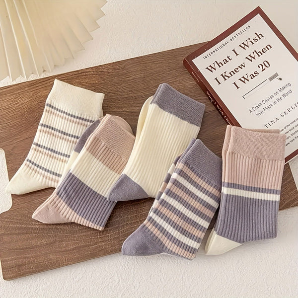 5 Pairs Striped Vintage Style Thick Simple Crew Socks - SocksLtd