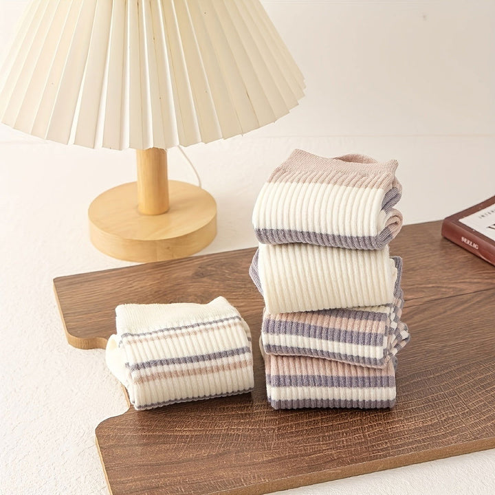 5 Pairs Striped Vintage Style Thick Simple Crew Socks - SocksLtd