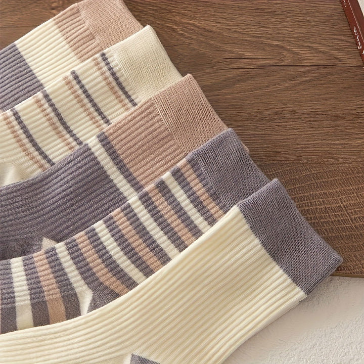 5 Pairs Striped Vintage Style Thick Simple Crew Socks - SocksLtd