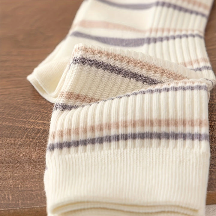 5 Pairs Striped Vintage Style Thick Simple Crew Socks - SocksLtd