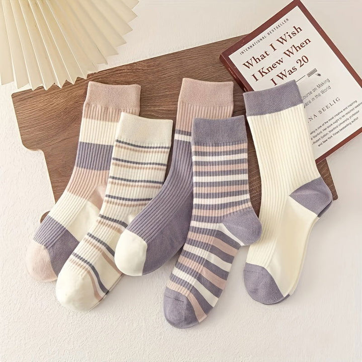 5 Pairs Striped Vintage Style Thick Simple Crew Socks - SocksLtd