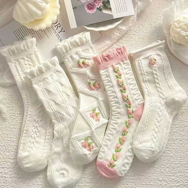 5 Pairs Stylish And Versatile Women Floral Crew Socks - SocksLtd