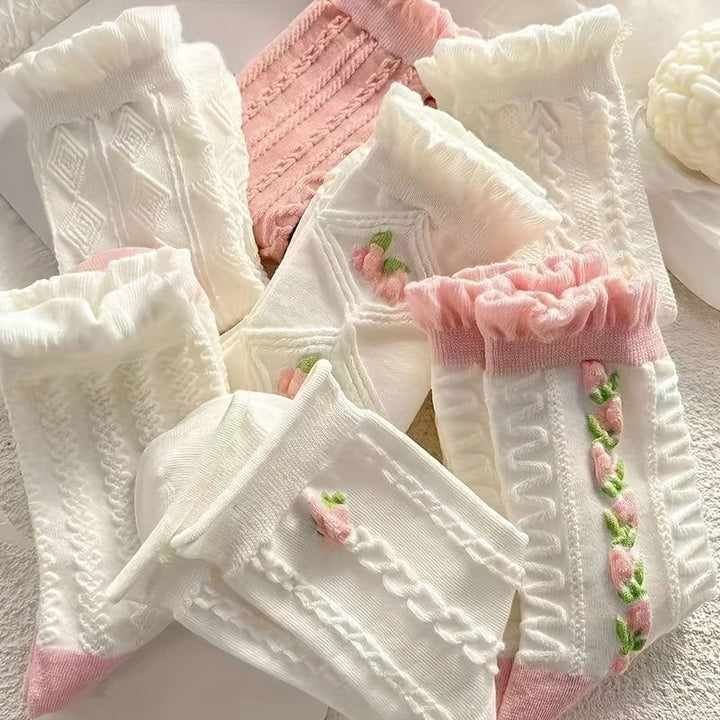 5 Pairs Stylish And Versatile Women Floral Crew Socks - SocksLtd