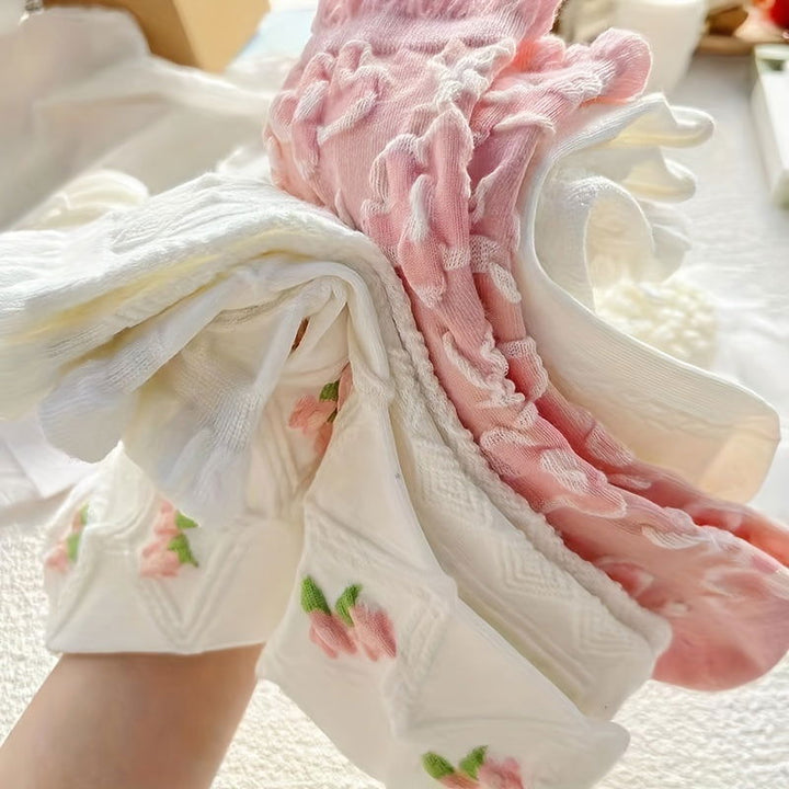 5 Pairs Stylish And Versatile Women Floral Crew Socks - SocksLtd