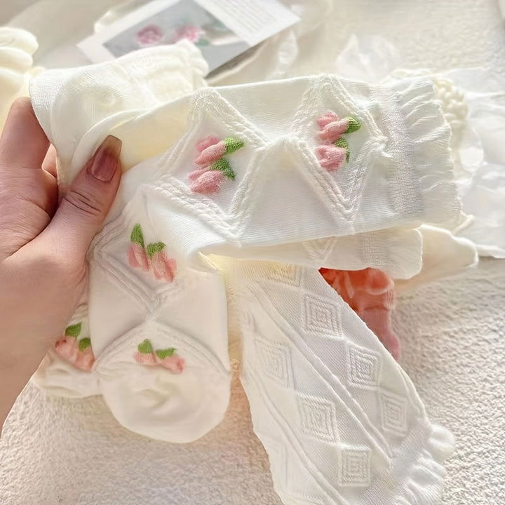 5 Pairs Stylish And Versatile Women Floral Crew Socks - SocksLtd
