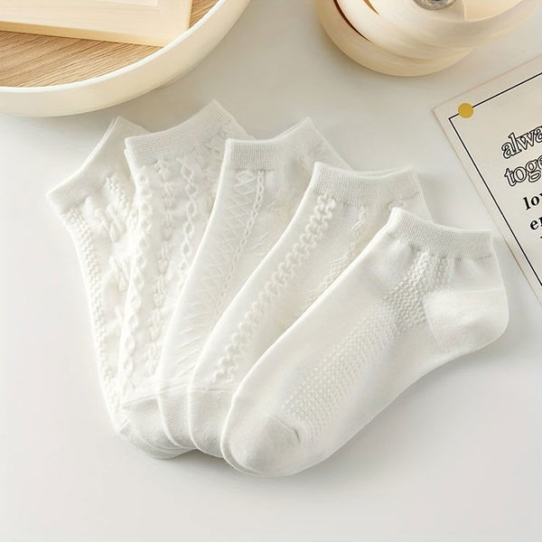 5 Pairs Textured Stylish Versatile Solid Knit Ankle Socks - SocksLtd