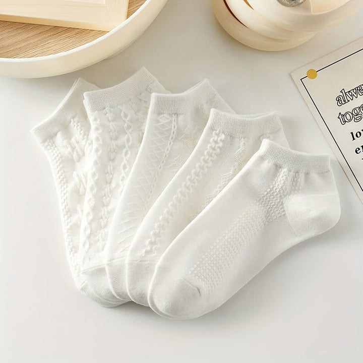 5 Pairs Textured Stylish Versatile Solid Knit Ankle Socks - SocksLtd