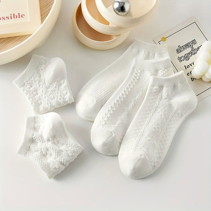 5 Pairs Textured Stylish Versatile Solid Knit Ankle Socks - SocksLtd