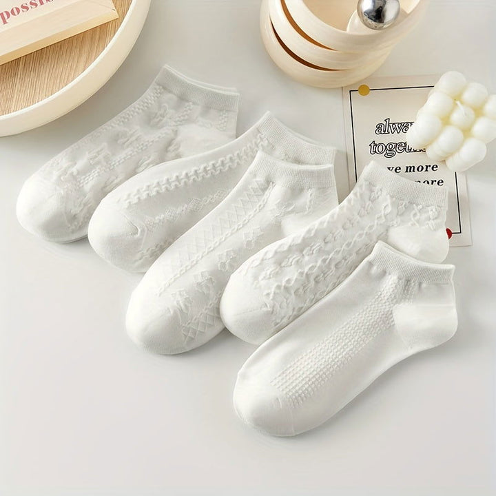 5 Pairs Textured Stylish Versatile Solid Knit Ankle Socks - SocksLtd