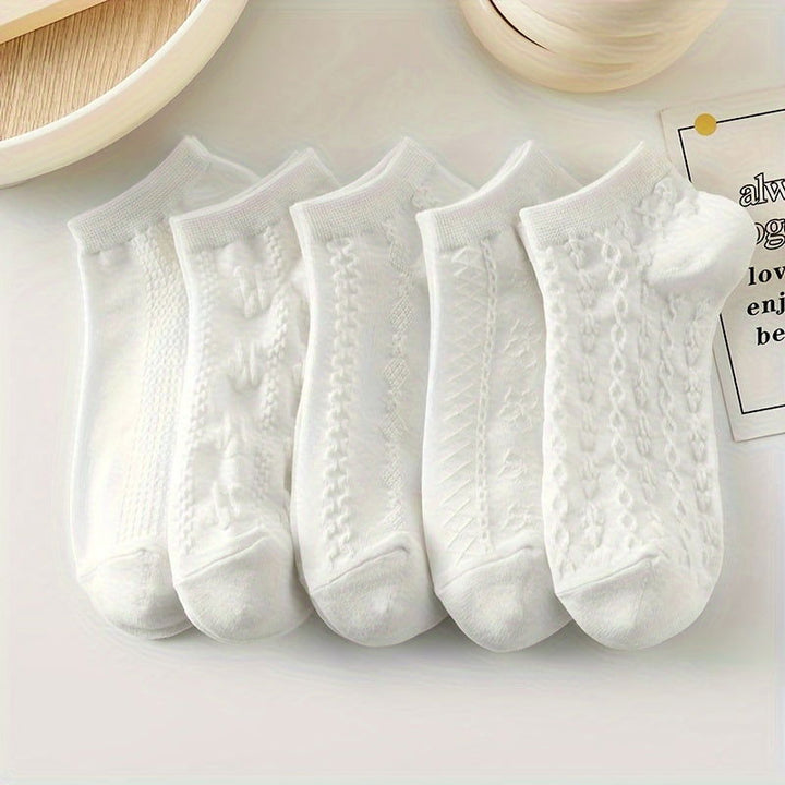 5 Pairs Textured Stylish Versatile Solid Knit Ankle Socks - SocksLtd