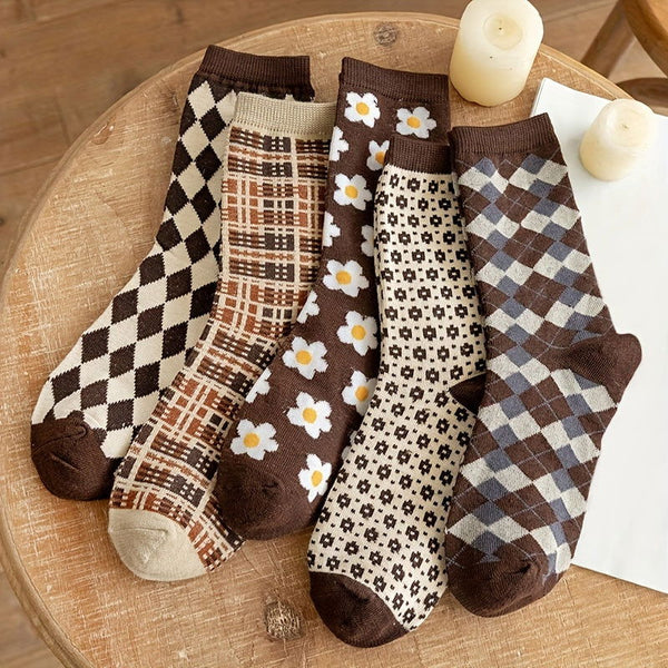 5 Pairs Trendy Versatile Retro Floral Crew Socks - SocksLtd