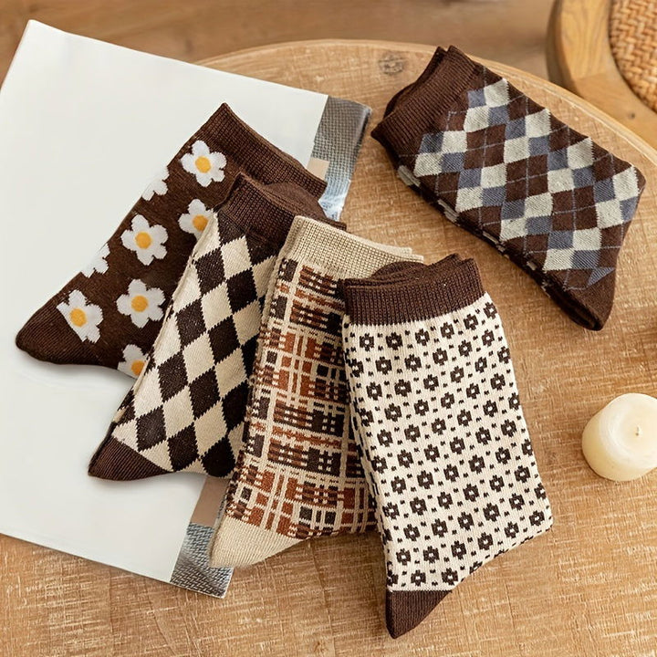 5 Pairs Trendy Versatile Retro Floral Crew Socks - SocksLtd