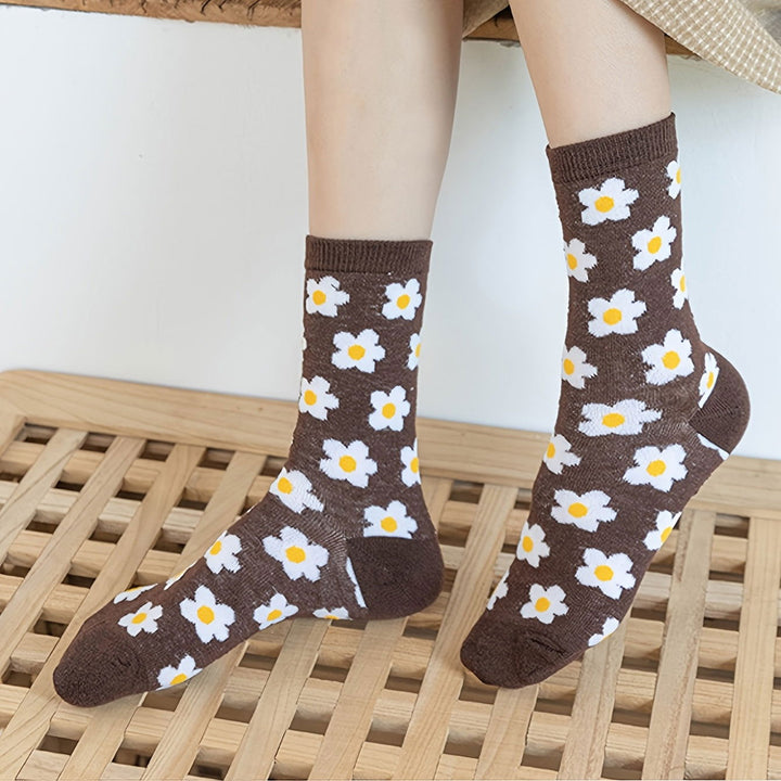 5 Pairs Trendy Versatile Retro Floral Crew Socks - SocksLtd
