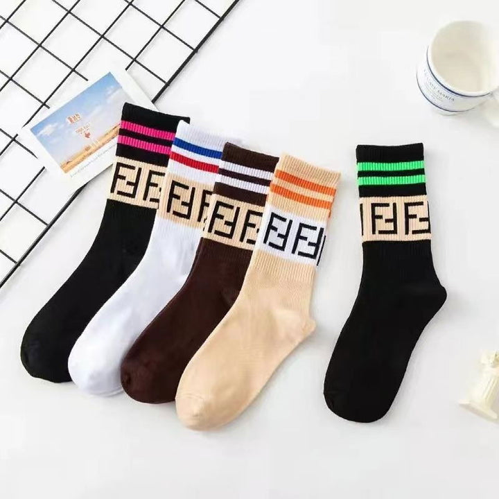 5 Pairs Trendy letter stripes Casual Crew Socks - SocksLtd
