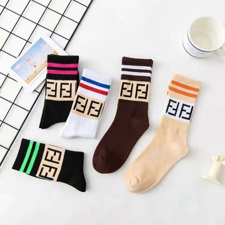 5 Pairs Trendy letter stripes Casual Crew Socks - SocksLtd