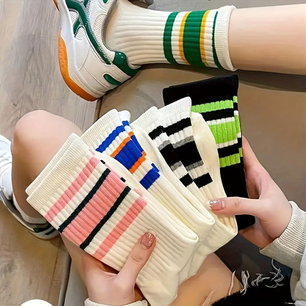5 Pairs Vibrant  Sporty Casual Attire Stripes Crew Socks - SocksLtd