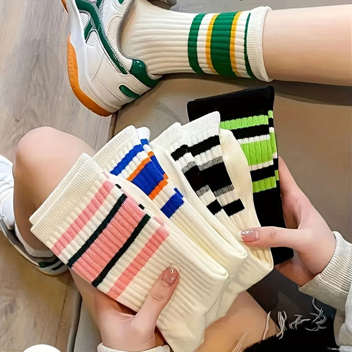 5 Pairs Vibrant  Sporty Casual Attire Stripes Crew Socks - SocksLtd