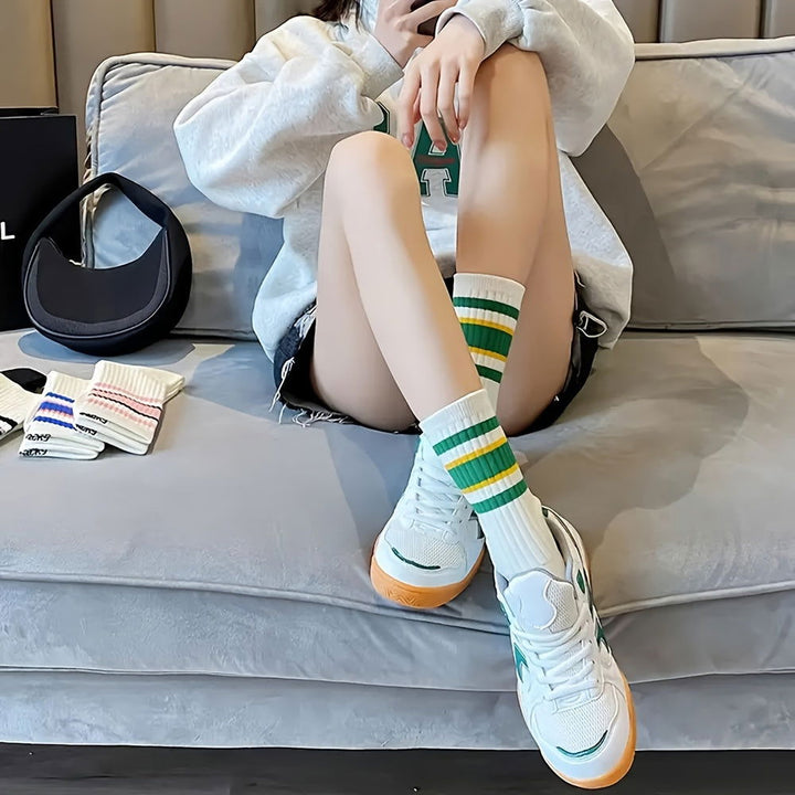 5 Pairs Vibrant  Sporty Casual Attire Stripes Crew Socks - SocksLtd