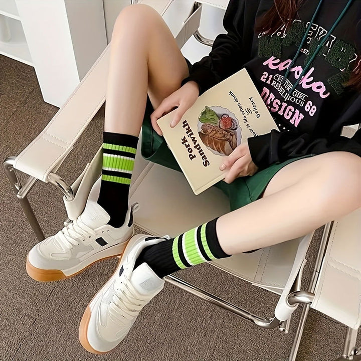 5 Pairs Vibrant  Sporty Casual Attire Stripes Crew Socks - SocksLtd