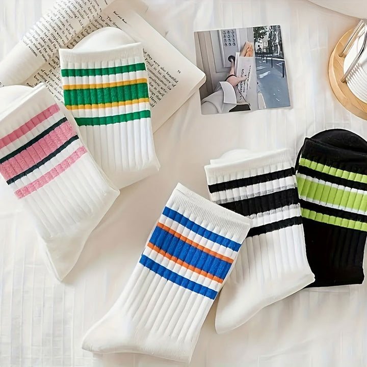 5 Pairs Vibrant  Sporty Casual Attire Stripes Crew Socks - SocksLtd