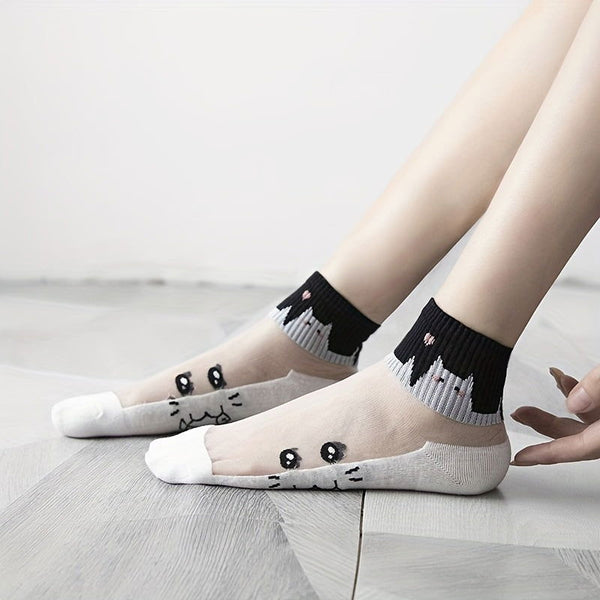 5 Pairs  Cat  Knit Floral  Spandex Ankle Socks - SocksLtd