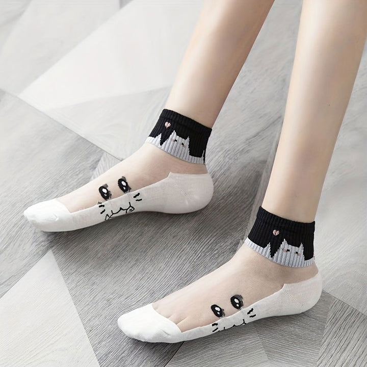 5 Pairs  Cat  Knit Floral  Spandex Ankle Socks - SocksLtd