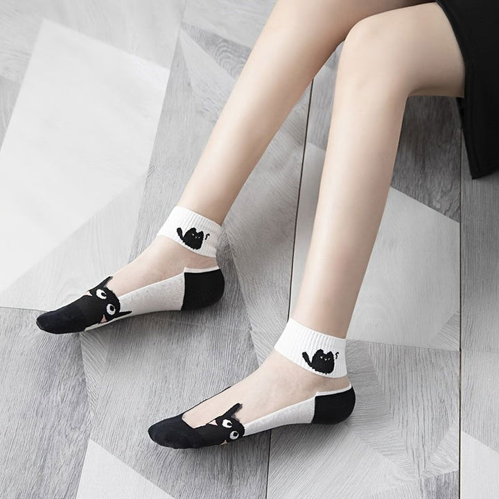 5 Pairs  Cat  Knit Floral  Spandex Ankle Socks - SocksLtd